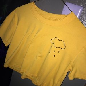 Yellow, cropped shirt with cloud and rain drops